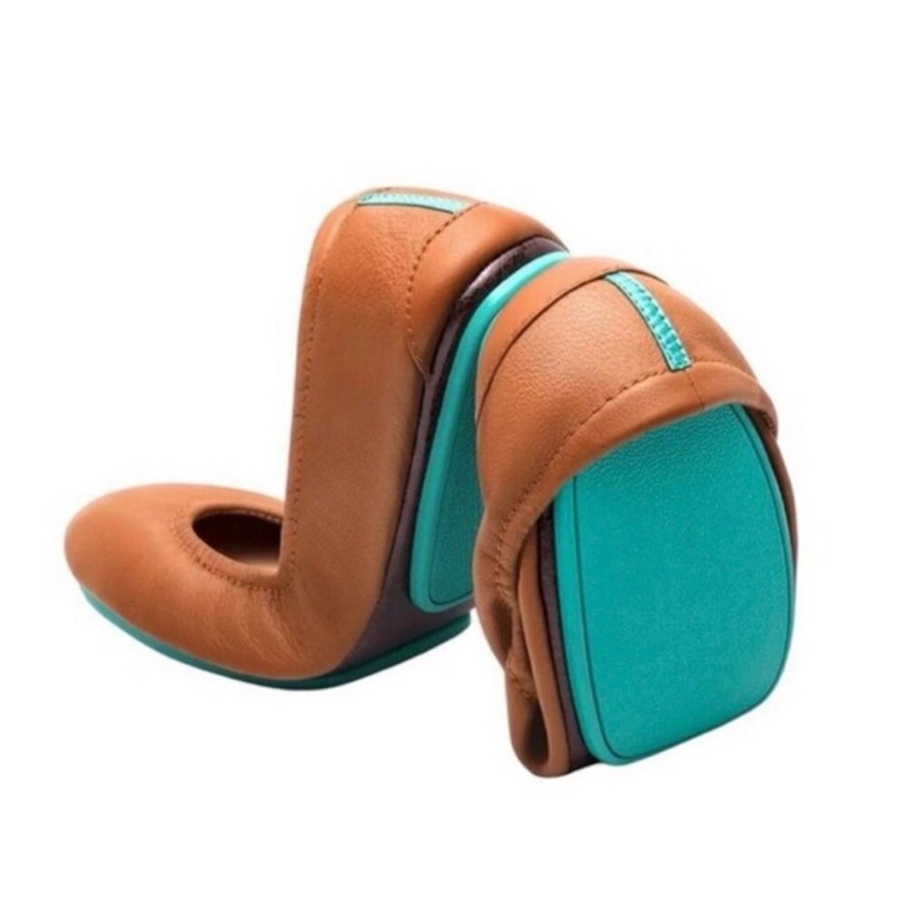 Tieks Cognac Leather Ballet Flats with Teal Soles